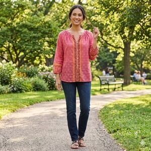 J Jill Floral Blouse Top Size M Lightweight Button Up Shirt 100% Cotton 3/4 Slv